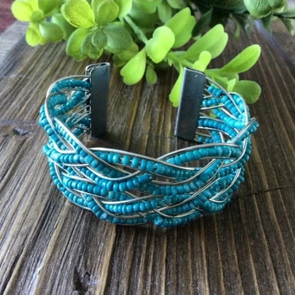 Braided Seed Bead Cuff Bracelet- Teal & Silver - Picture 11 of 12